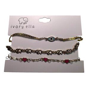 Ivory Ella Bracelet Set of 3 – Gold Tone, Elephants, Hearts & Evil Eye – NWT